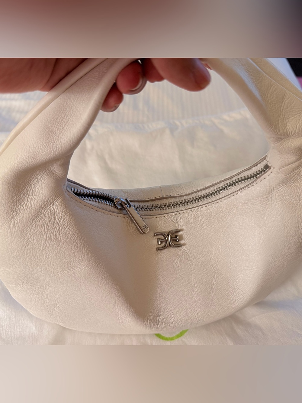 Sam Edelman Cream Mini Hobo Bag with Silver Hardware